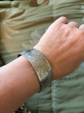 Vintage Kirk Stieff pewter cuff bracelet Basket of Fruit and Flowers signed.